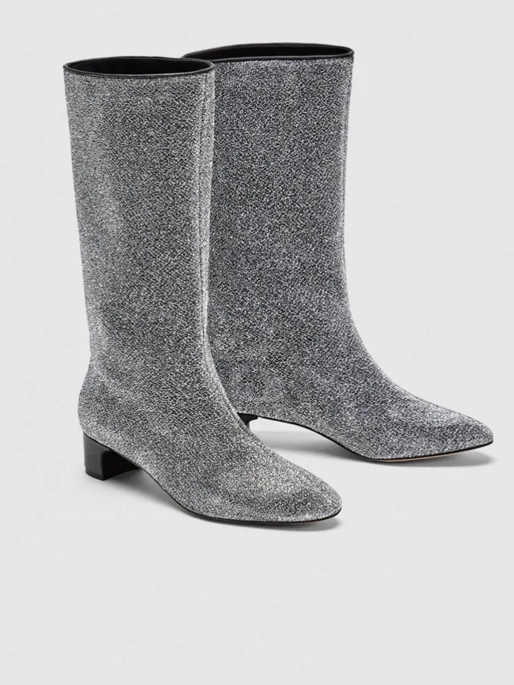 ZARA Silver Glitter Mid-Calf Block Heel Women's Boots Size EU38